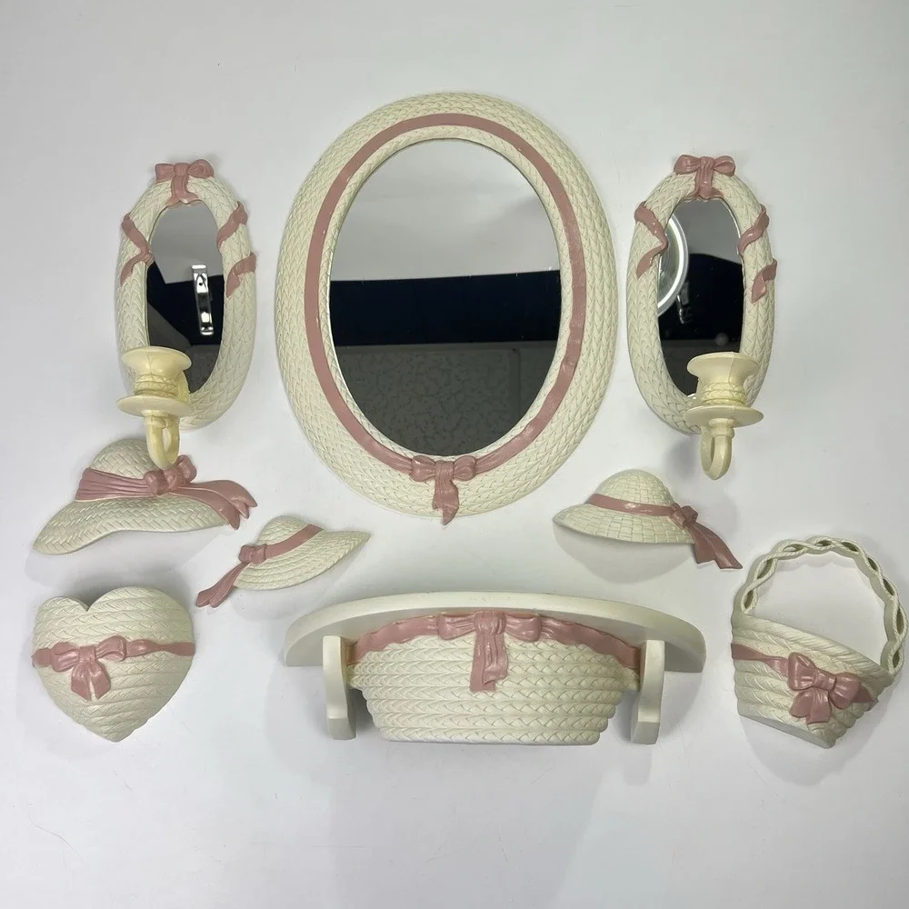 Vtg 90's Burwood Wall Decor 9pc Set White Pink Bows Faux Wicker Mirrors *Flaws*